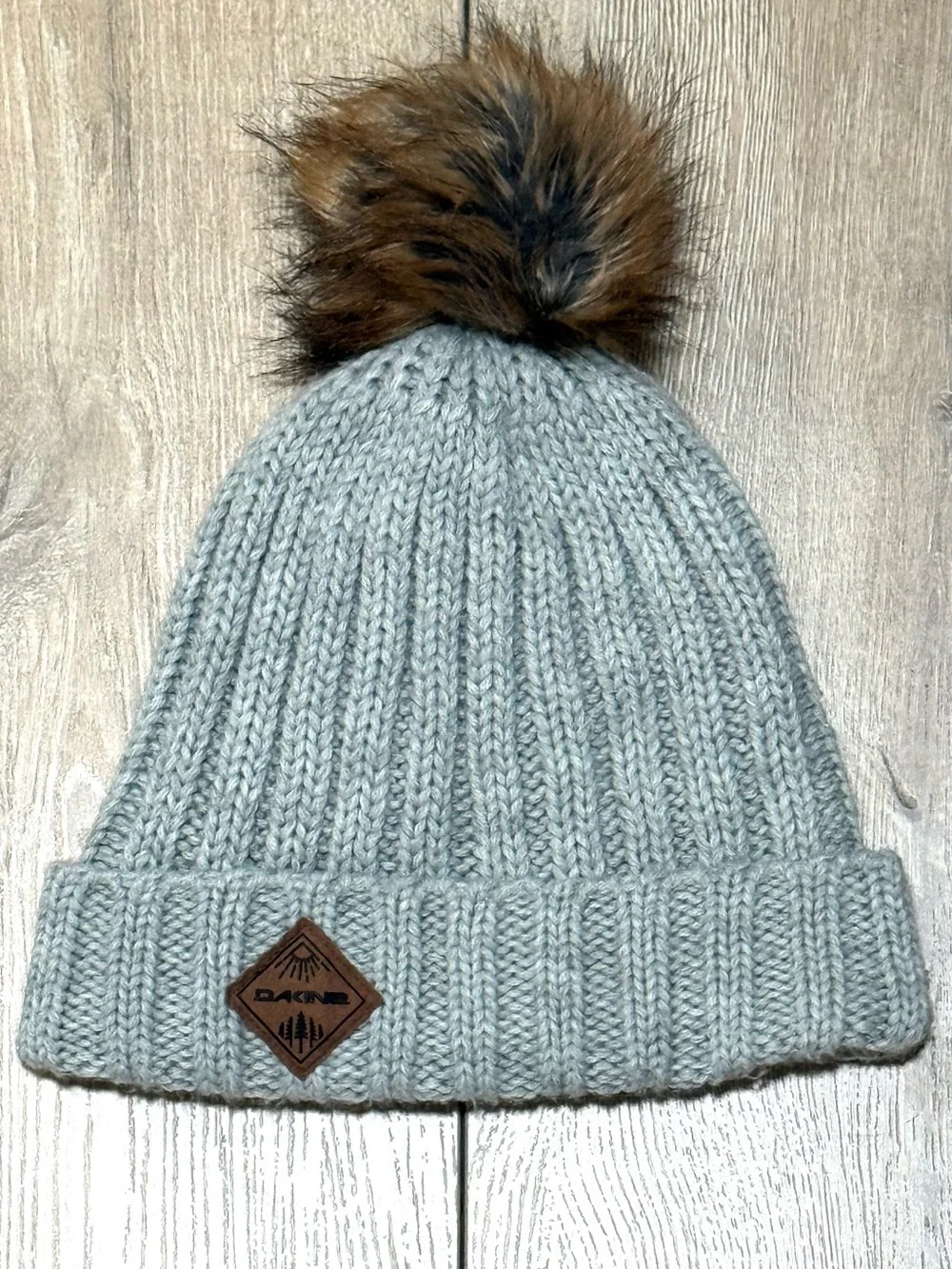 Dakine Gray Knit Beanie Faux Fur Pom Fleece Lined Hat Ski Snowboard
